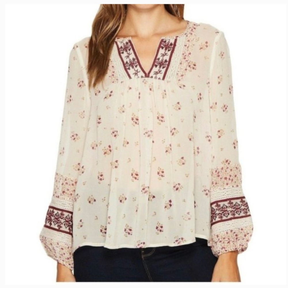 Joie Joleta 100% Silk, Floral Print Embroidered Lace Trim Blouse / Top XS